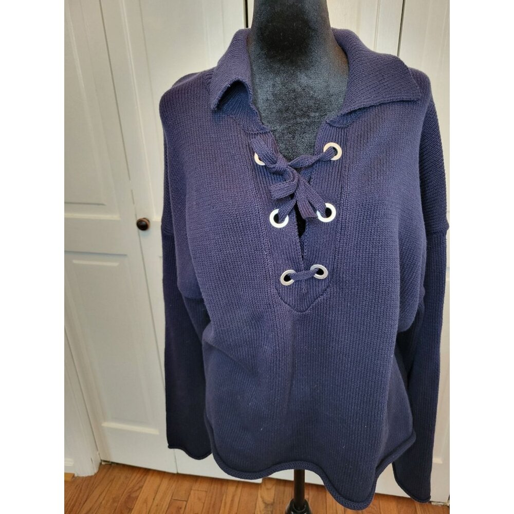 Maurice's Navy Blue Lace Up Silver  Grommet Sweater XXL Nautical Preppy Coastal